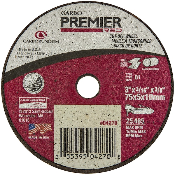 Carborundum 3 x 3/16 x 3/8 In. Carbo Premier Red AP CA/ZA Small Diameter Cut-Off Wheel, 5PK 5539504270 - main